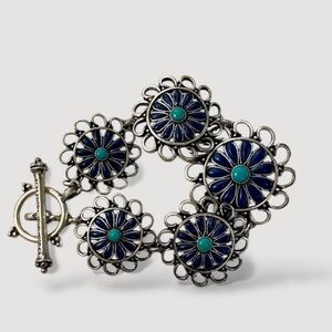 Lucky Brand Turquoise and Blue Flower Medallion Silver Bohemian Bracelet Vintage
